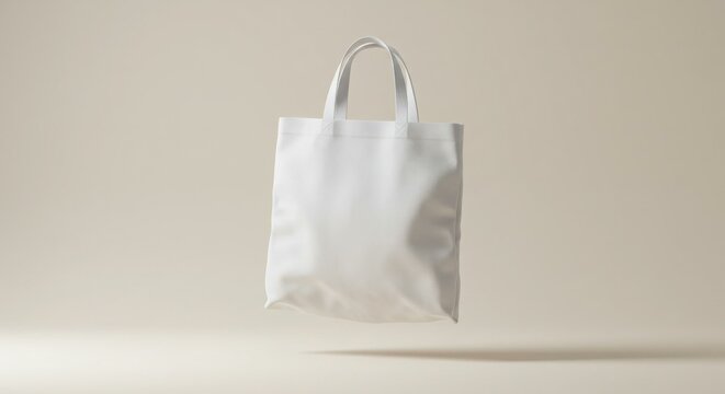 A white reusable tote bag floats in a minimalist studio setting.