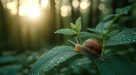 Poster - Snail on green leaf with morning dew in forest, sunlight shining through trees, peaceful and natural atmosphere