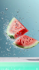 Poster - Fresh watermelon slice exploding with water splash, vibrant and refreshing summer fruit concept, isolated on blue background