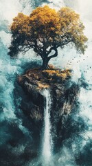 lonely tree on a cliff with waterfall, fantasy landscape.
