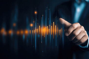 Fototapete - Businessman hand touching glowing sound wave, digital audio technology, innovation, futuristic concept