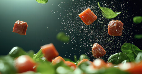 Poster - Fresh raw meat cubes and green spinach leaves tossed in air with salt, creating dynamic and appetizing food scene