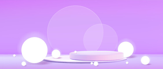 Poster - Glowing white spheres around purple circular podium stages - soft illuminated orbs on pastel gradient background. Minimalist 3d composition of elegant abstract geometric shapes for dreamy design.
