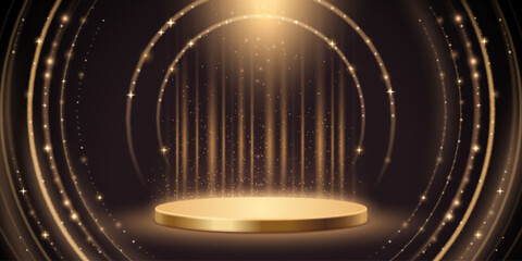Poster - Golden award ceremony stage - podium with glitter lines and sparkling particles flying around. Shiny paths and curves forming round frame. 3d luxury event, magic entertainment show background.