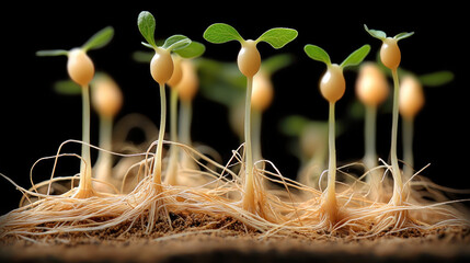 Aufkleber - Young green seedlings with vibrant leaves and tangled roots growing in rich soil, symbolizing new life and hope