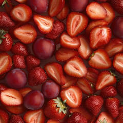 Poster - Fresh strawberries and plums arranged closely, some sliced to reveal juicy texture, vibrant red color, healthy and appetizing look