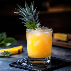 Poster - Tropical cocktail with pineapple, banana, ice, and mint garnish, refreshing summer drink on dark background