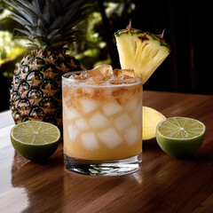 Poster - Icy tropical cocktail with pineapple slice, lime, and fresh pineapple on wooden table, refreshing and vibrant summer drink