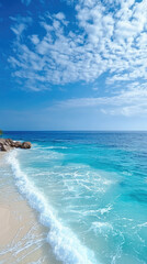 Poster - Blue sea landscape with white sand beach, gentle waves, clear sky, and scattered clouds, creating peaceful and relaxing atmosphere