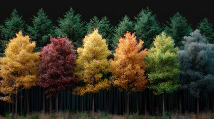 Poster - Layered trees in autumn forest, vibrant foliage in yellow, red, orange, green, and blue hues, tranquil and colorful landscape