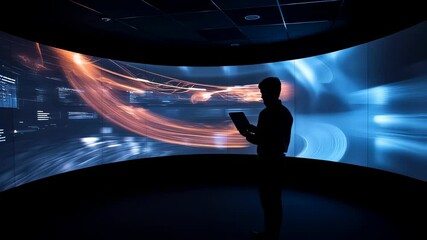 Silhouette of man analyzing data on large screen in futuristic control room