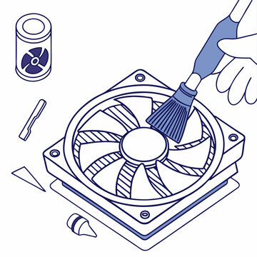 Vector illustration of cleaning cooling fan of a desktop cpu, isolated on  background WHITE