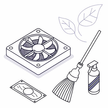 Vector illustration of cleaning cooling fan of a desktop cpu, isolated on  background WHITE