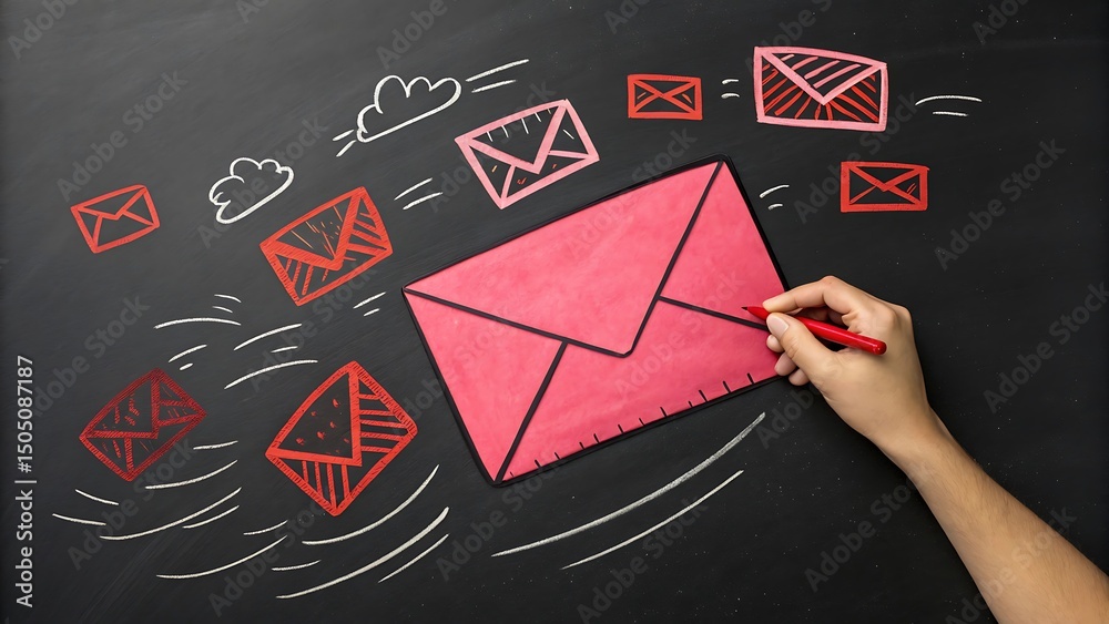 Hand drawing email envelopes and cloud symbols on a chalkboard creating ...