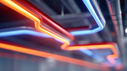 Aufkleber - Colorful neon lights in red and blue curve along an industrial ceiling, creating a modern, futuristic atmosphere.