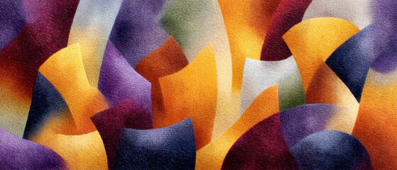 Aufkleber - A vibrant abstract artwork featuring overlapping curved shapes in yellow, purple, orange, and blue hues with a textured surface.
