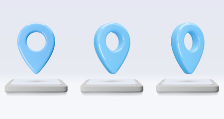 Poster - Set blue location pointers on tablet, placemark, marker of map, navigation pin sign. 3d GPS icon. Sign for searching on map direction. Vector render illustration isolated on white background