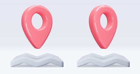 Poster - Set red location pointer on map, placemark, marker of map, navigation pin sign. 3d GPS icon. Sign for searching on map direction. Vector render illustration isolated on white background