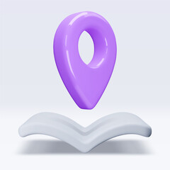 Poster - Purple location pointer on map, book, placemark, marker of map, navigation pin sign. 3d GPS icon. Sign for searching on map direction. Vector render illustration isolated on white background