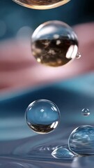 Poster - Abstract animation featuring transparent liquid spheres floating above a reflective surface with ripple effects and distorted light patterns