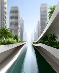 Poster - Utopian future city, sleek white towers with organic flowing shapes, suspended bridges made of glass, floating gardens with exotic glowing plants, ambient golden sunlight, hyper-detailed