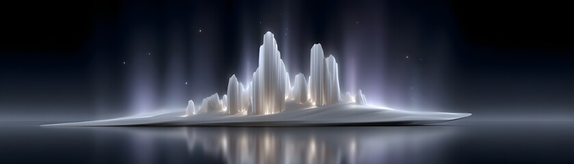 Poster - Floating ice city, transparent crystalline towers rising above a sea of glowing auroras, futuristic Arctic aesthetic, deep blues and shimmering purples, dreamlike fantasy world, soft ethereal