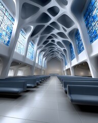 Poster - Cosmic cathedral, grand futuristic structure floating amidst nebula clouds, glowing stained-glass windows displaying shifting celestial patterns, divine surrealism, dreamlike atmosphere,