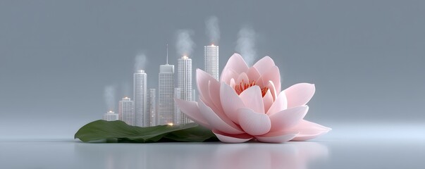 Poster - Giant floating lotus city, petals forming futuristic living spaces, soft glowing lights illuminating the structures, tranquil atmosphere, dreamy pink and purple sky, hyperrealistic detailing,
