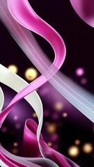 Poster - Abstract flowing ribbons of pink and white intertwine against a dark bokeh background, creating a dynamic and elegant animation.