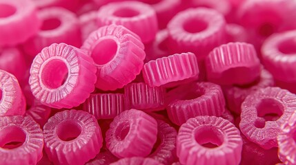 Poster - Natural fruit jelly candies stacked on display image render 3d. Pile of pink gummy rings. Gelatin dessert snacks heap background realistic graphic. Conceptual idea, visual storytelling