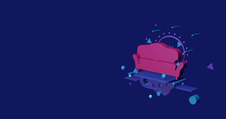 Poster - Pink sofa symbol on a pedestal of abstract geometric shapes floating in the air. Abstract concept art with flying shapes on the right. 3d illustration on indigo background
