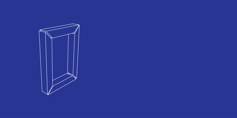 Poster - The outline of a large photo frame symbol made of white lines on the left. 3D view of the object in perspective. Vector illustration on indigo background