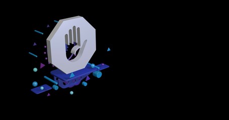 Poster - White stop hand symbol on a pedestal of abstract geometric shapes floating in the air. Abstract concept art with flying shapes on the left. 3d illustration on black background