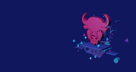 Poster - Pink buffalo head on a pedestal of abstract geometric shapes floating in the air. Abstract concept art with flying shapes on the right. 3d illustration on indigo background