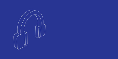 Poster - The outline of a large headphones symbol made of white lines on the left. 3D view of the object in perspective. Vector illustration on indigo background