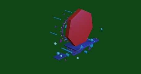 Poster - Red heptagon symbol on a pedestal of abstract geometric shapes floating in the air. Abstract concept art with flying shapes in the center. 3d illustration on green background