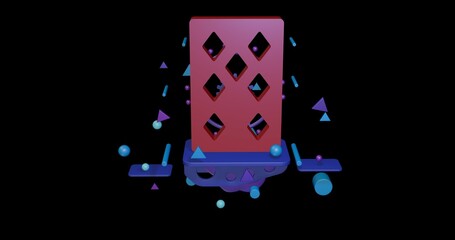 Poster - Red seven of diamonds playing card on a pedestal of abstract geometric shapes floating in the air. Abstract concept art with flying shapes in the center. 3d illustration on black background