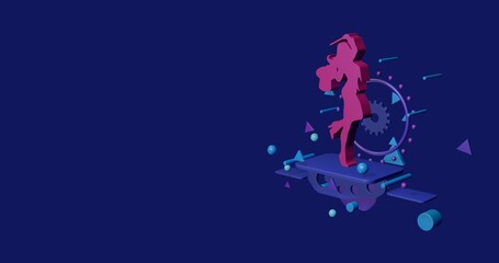 Poster - Pink enchantress symbol on a pedestal of abstract geometric shapes floating in the air. Abstract concept art with flying shapes on the right. 3d illustration on indigo background