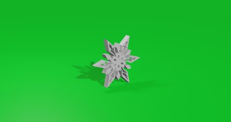 Poster - Isolated realistic white snowflake front view with shadow. 3d illustration on green chroma key background