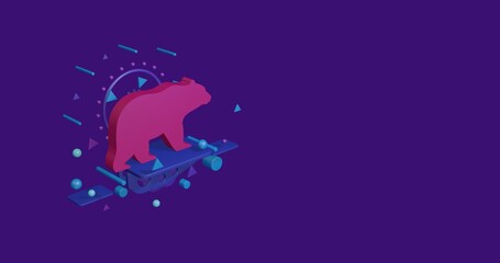 Poster - Pink bear symbol on a pedestal of abstract geometric shapes floating in the air. Abstract concept art with flying shapes on the left. 3d illustration on deep purple background
