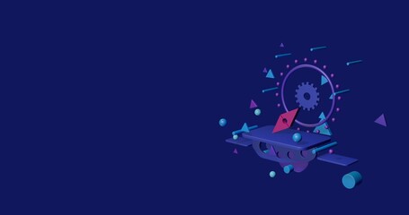 Poster - Pink compass symbol on a pedestal of abstract geometric shapes floating in the air. Abstract concept art with flying shapes on the right. 3d illustration on indigo background