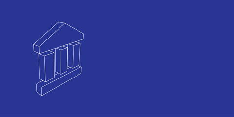 Poster - The outline of a large bank symbol made of white lines on the left. 3D view of the object in perspective. Vector illustration on indigo background