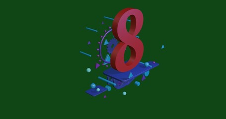 Poster - Red number eight symbol on a pedestal of abstract geometric shapes floating in the air. Abstract concept art with flying shapes in the center. 3d illustration on green background