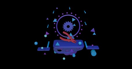 Poster - Red pliers symbol on a pedestal of abstract geometric shapes floating in the air. Abstract concept art with flying shapes in the center. 3d illustration on black background