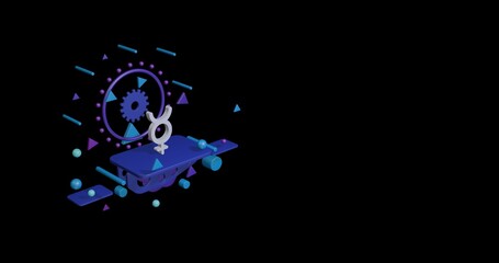 Poster - White astrological mercury symbol on a pedestal of abstract geometric shapes floating in the air. Abstract concept art with flying shapes on the left. 3d illustration on black background