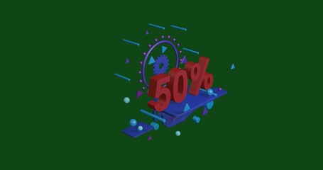 Poster - Red 50 percent symbol on a pedestal of abstract geometric shapes floating in the air. Abstract concept art with flying shapes in the center. 3d illustration on green background