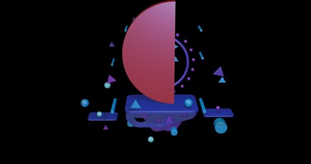 Poster - Red semicircle symbol on a pedestal of abstract geometric shapes floating in the air. Abstract concept art with flying shapes in the center. 3d illustration on black background