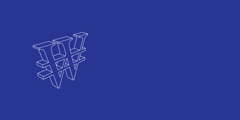 Poster - The outline of a large Korean won sign made of white lines on the left. 3D view of the object in perspective. Vector illustration on indigo background