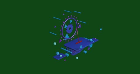 Poster - Red rake symbol on a pedestal of abstract geometric shapes floating in the air. Abstract concept art with flying shapes in the center. 3d illustration on green background