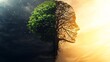 © CreativeArts - abstract illustration showing the dark and light sides of the human mind, with a split-face silhouette made of green tree leaves symbolizing thought, contrast, and psychological depth